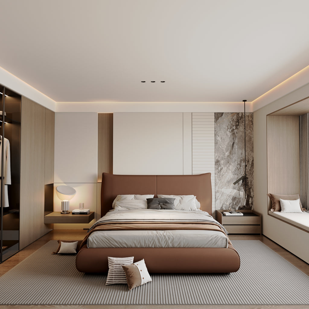 Brown Leather Platform Bed – Modern Comfort