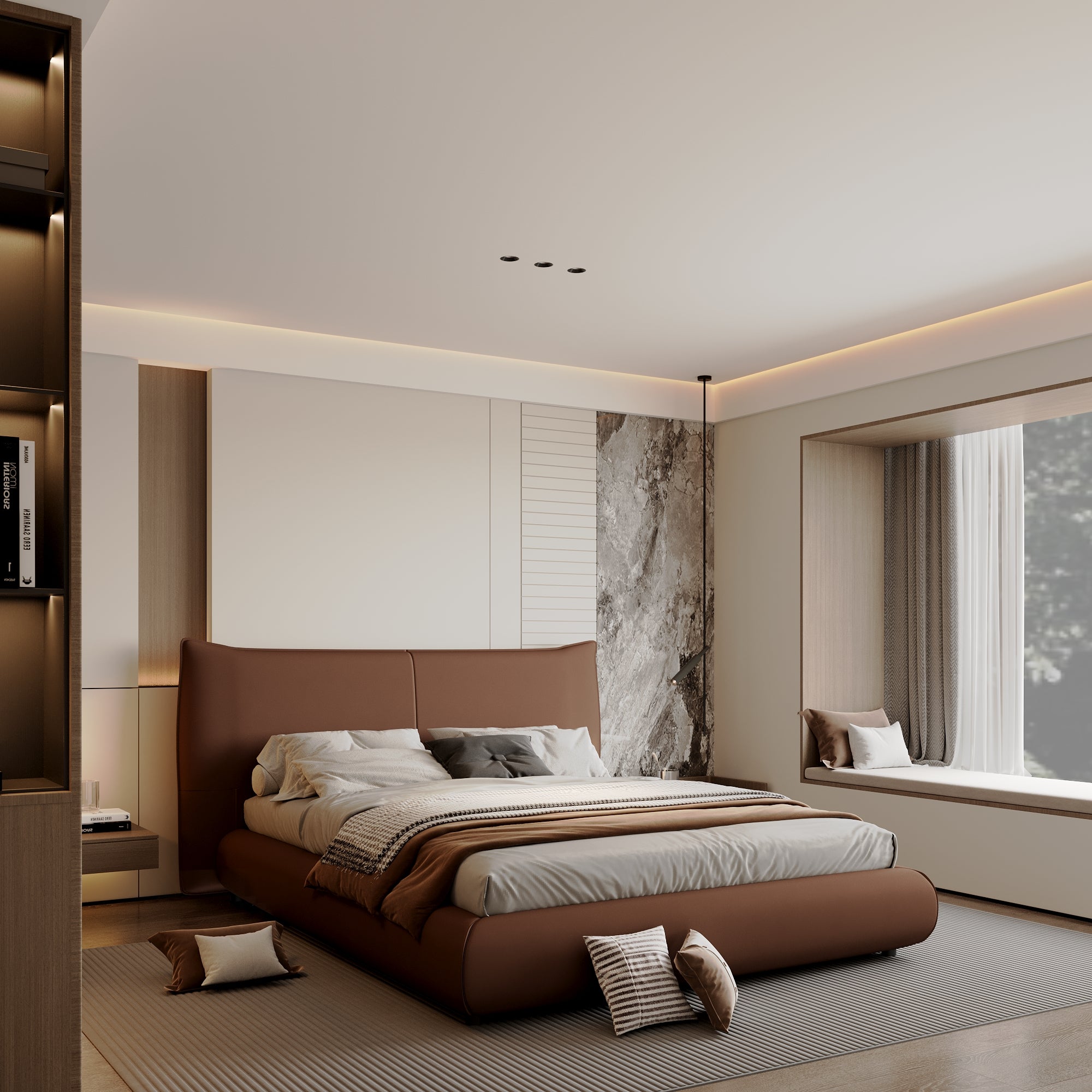 Brown Leather Platform Bed – Modern Comfort