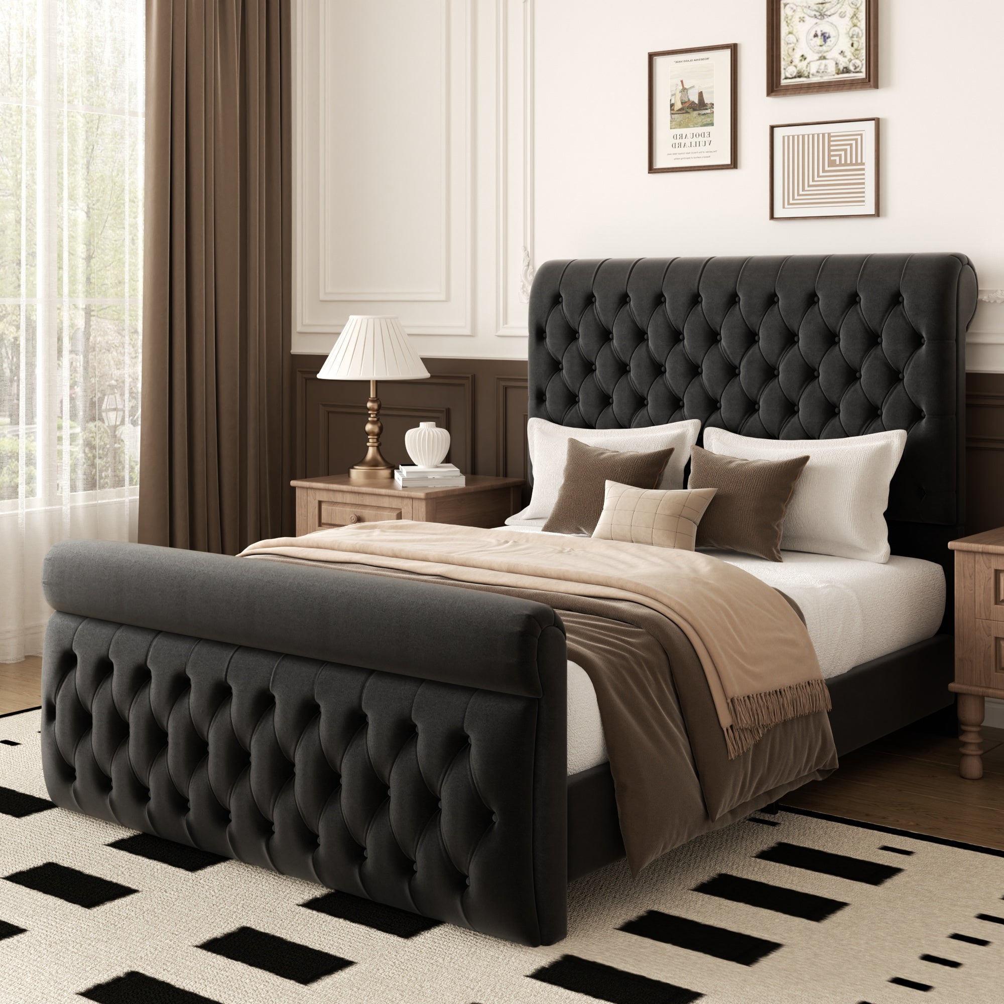 Premium Velvet Tufted Sleigh Bed Frame with 57.5" Wingback Headboard
