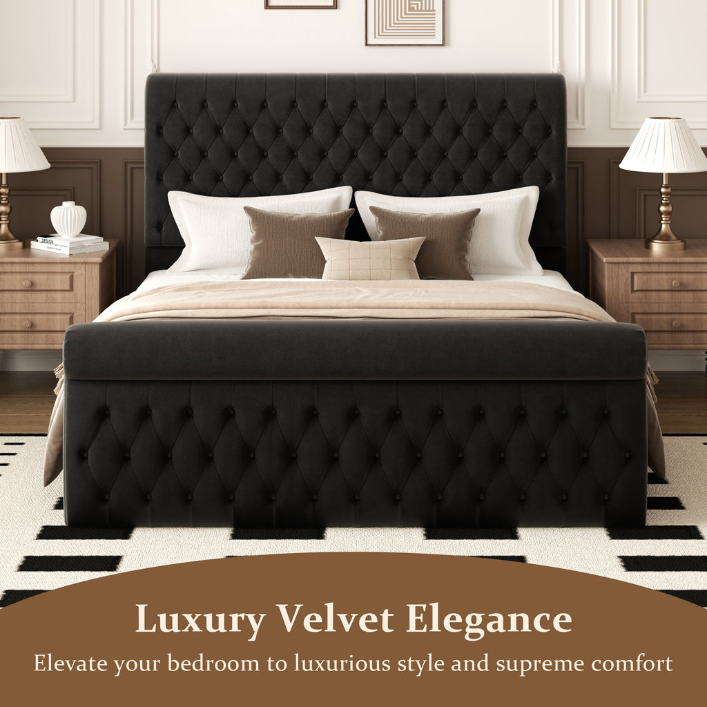 Premium Velvet Tufted Sleigh Bed Frame with 57.5" Wingback Headboard