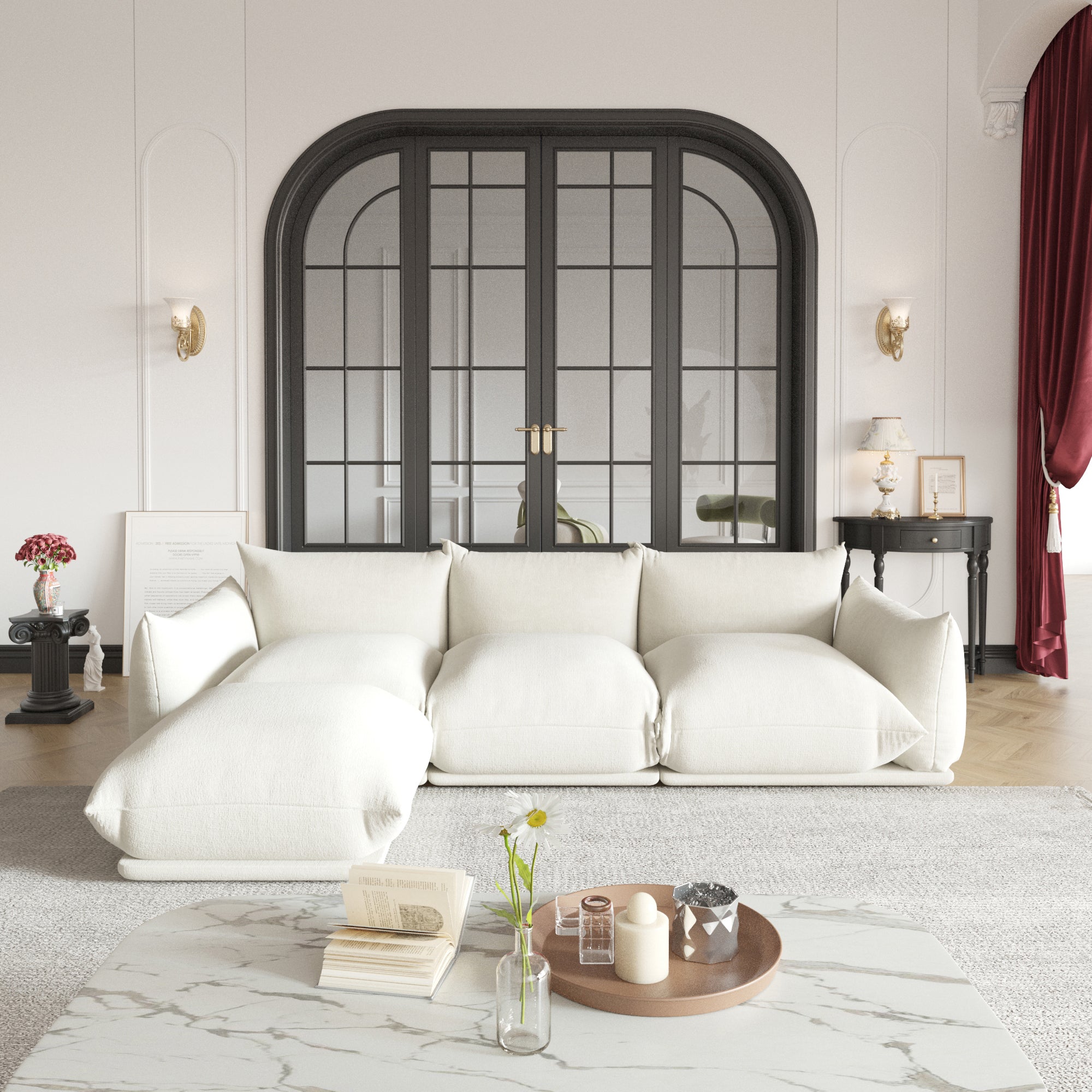 Chenille L-Shaped Modular Sofa with Ottoman – Soft Upholstery + Ground-Hugging Lazy Style, Relaxed Vibe Living Room Sofa