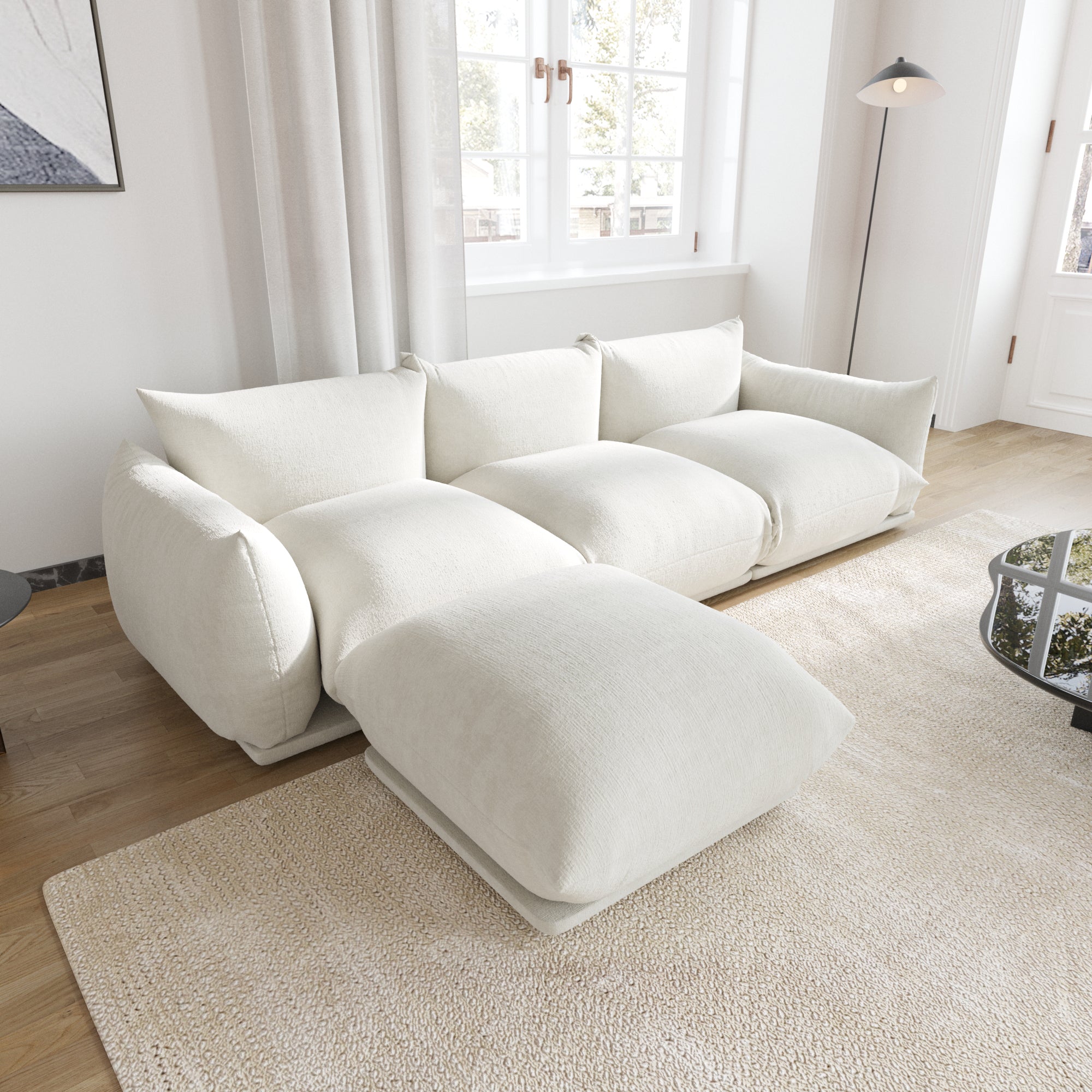 Chenille L-Shaped Modular Sofa with Ottoman – Soft Upholstery + Ground-Hugging Lazy Style, Relaxed Vibe Living Room Sofa