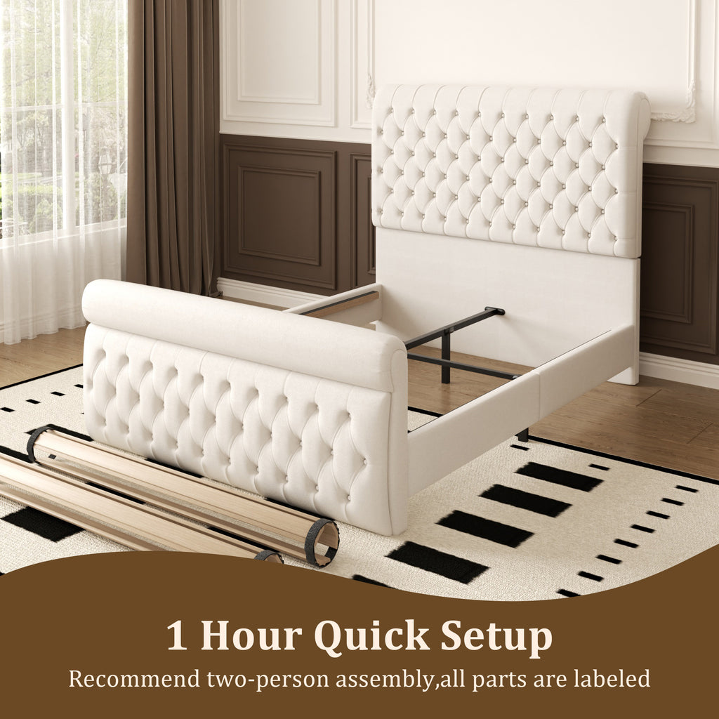 Premium Velvet Tufted Sleigh Bed Frame with 57.5" Wingback Headboard
