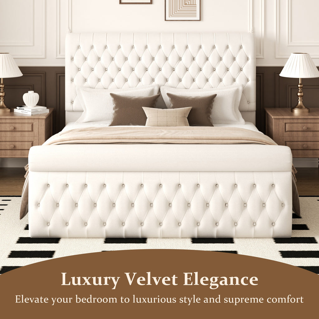 Premium Velvet Tufted Sleigh Bed Frame with 57.5" Wingback Headboard