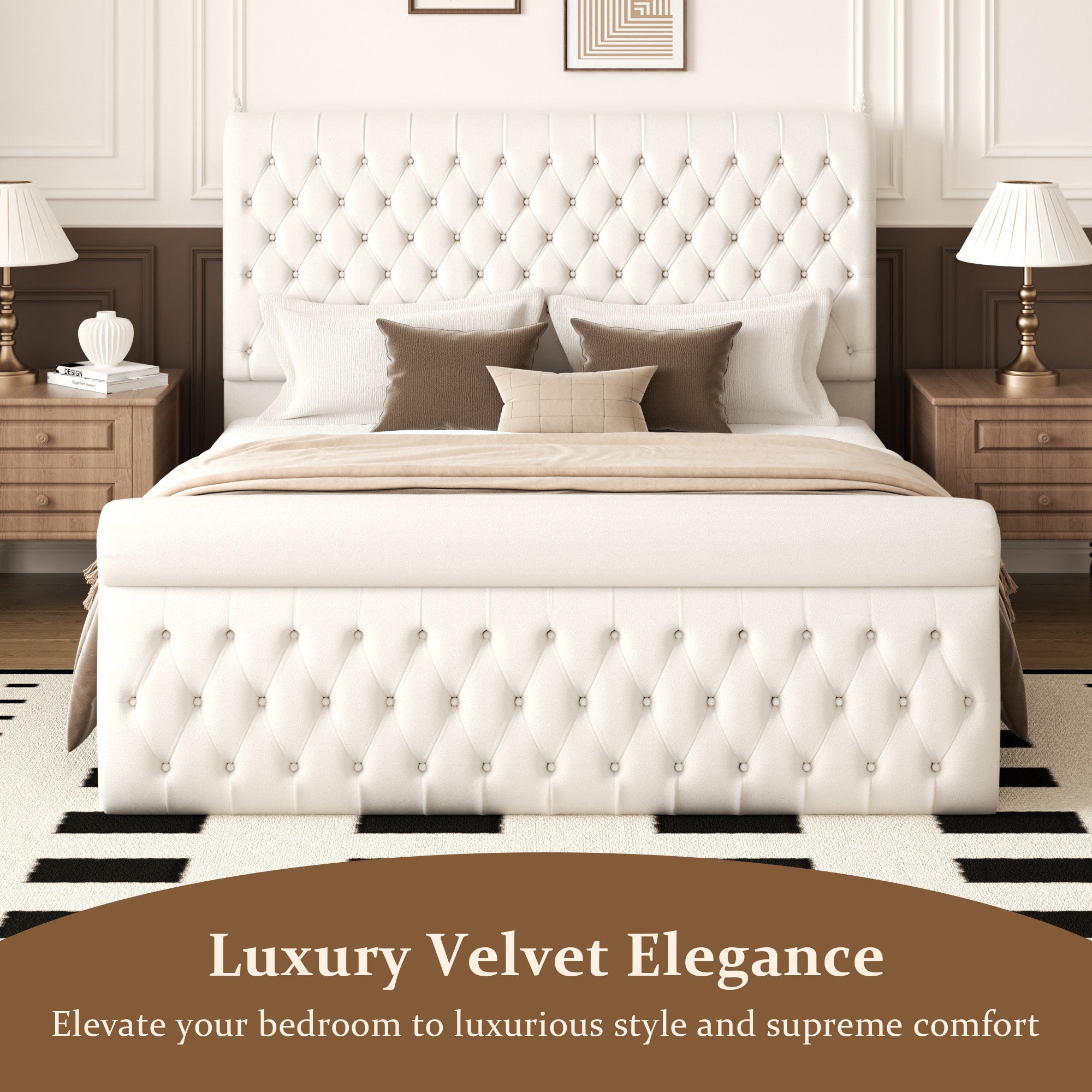 Premium Velvet Tufted Sleigh Bed Frame with 57.5" Wingback Headboard