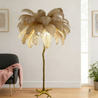 Luxury Ostrich Feather & Golden Branch Floor Lamp Camel Color