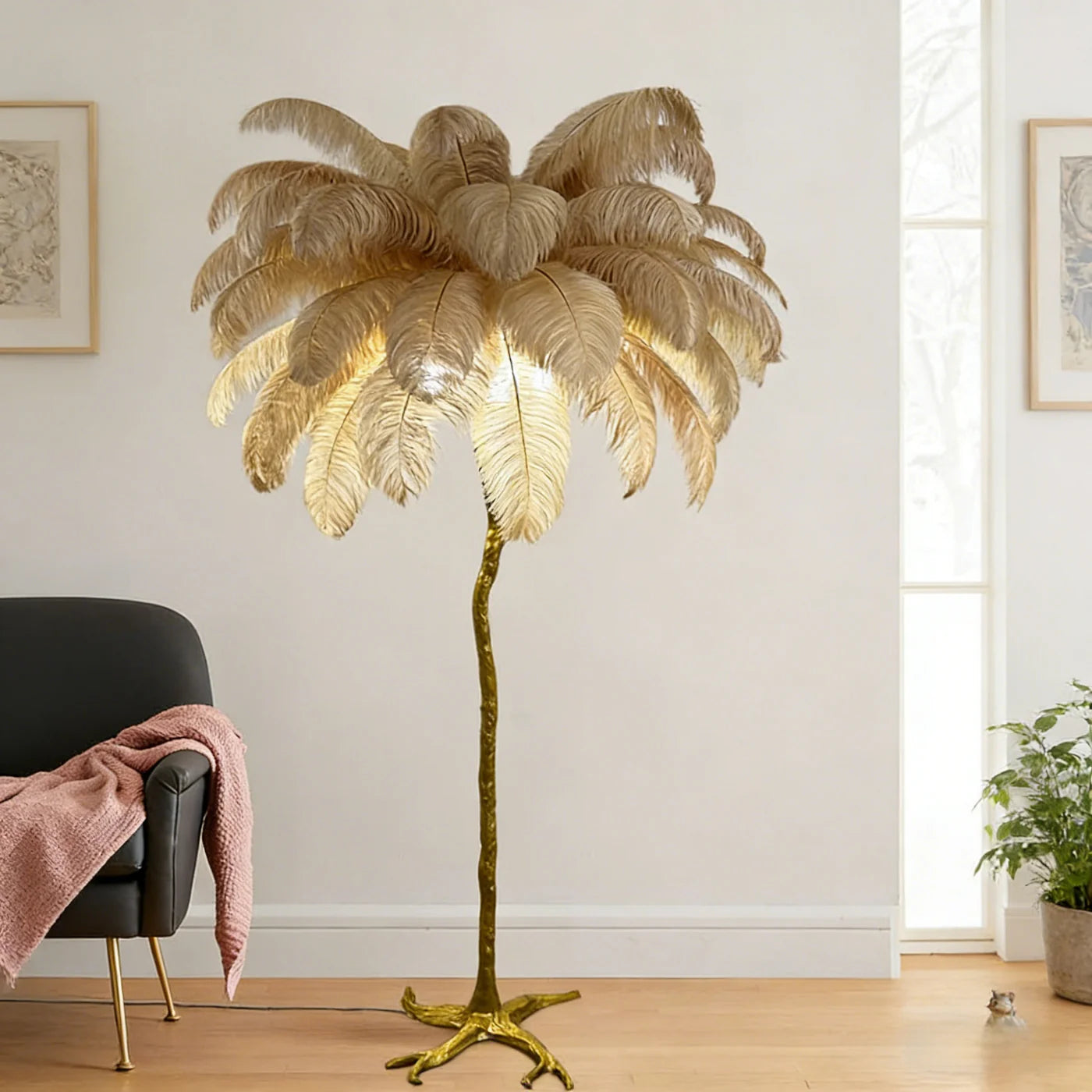 Luxury Ostrich Feather & Golden Branch Floor Lamp Camel Color