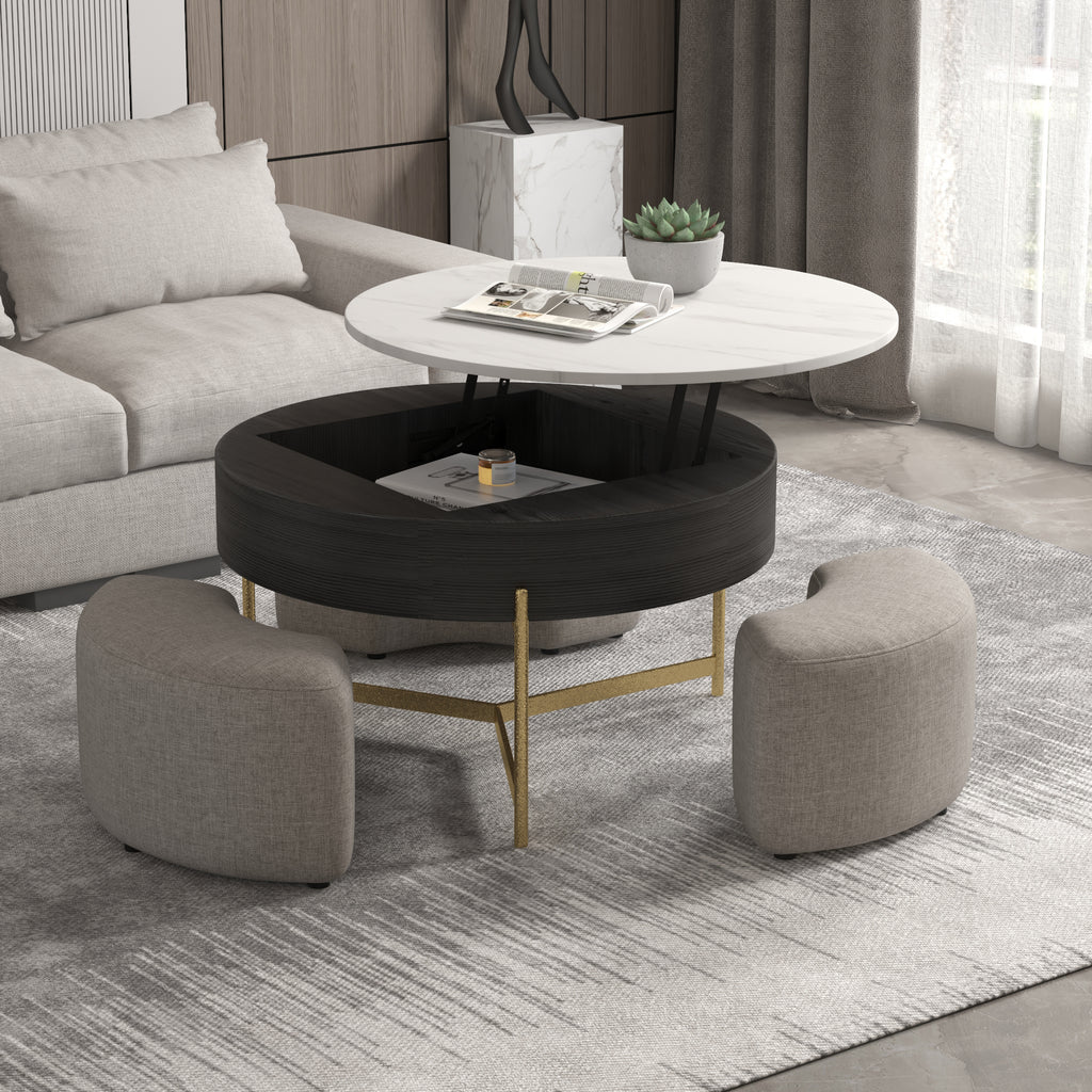 Lift-Top Round Coffee Table with Hidden Storage & 3 Upholstered Stools