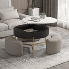 Lift-Top Round Coffee Table with Hidden Storage & 3 Upholstered Stools