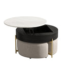 Lift-Top Round Coffee Table with Hidden Storage & 3 Upholstered Stools