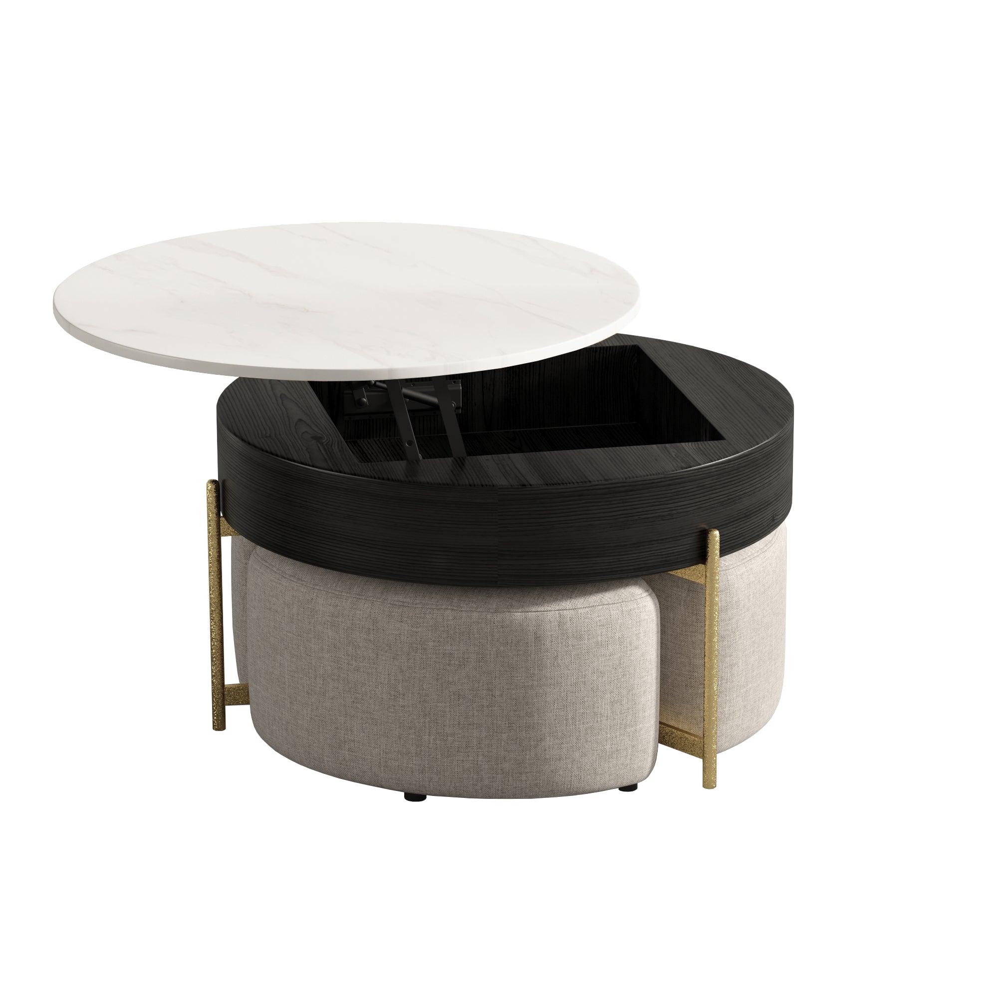 Lift-Top Round Coffee Table with Hidden Storage & 3 Upholstered Stools