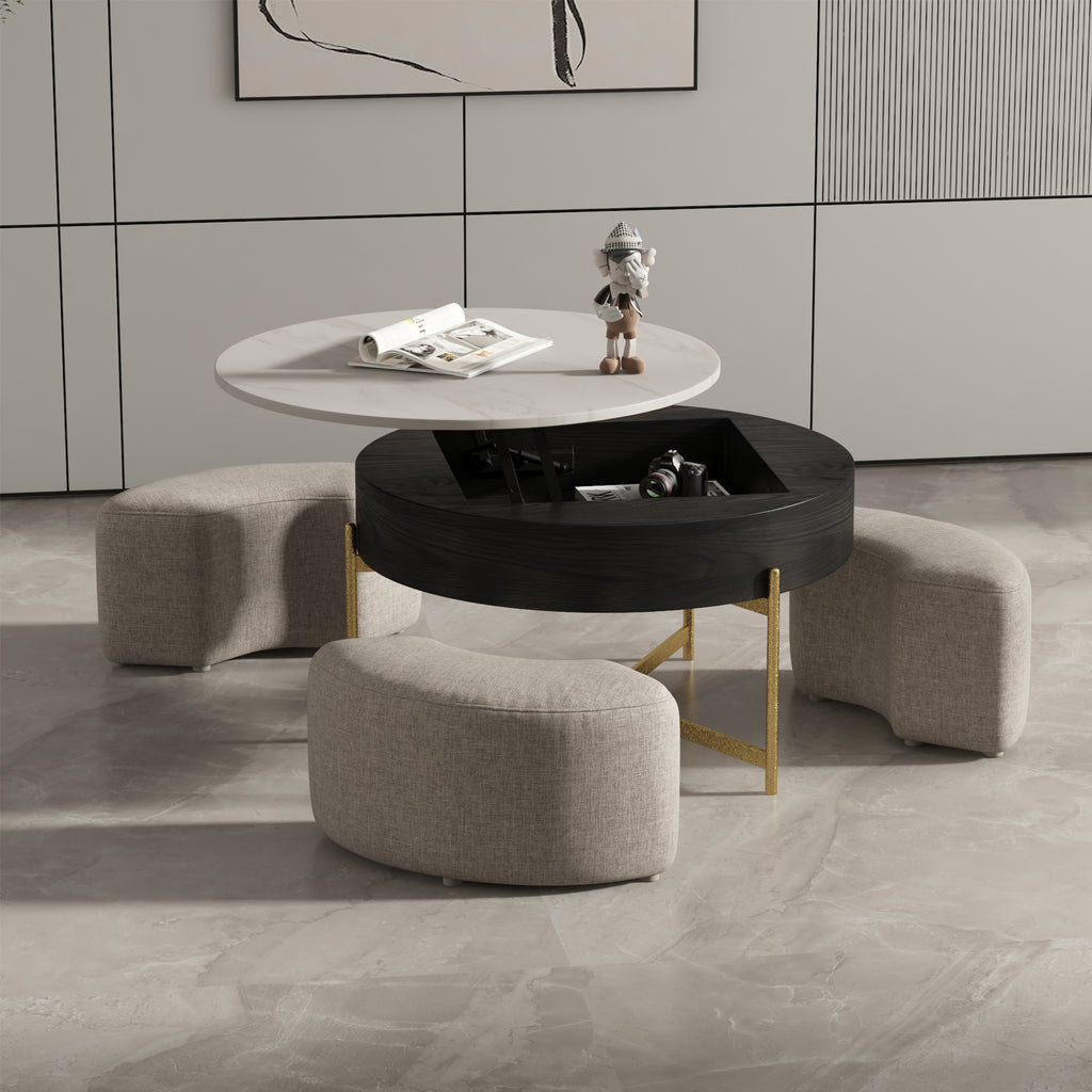 Lift-Top Round Coffee Table with Hidden Storage & 3 Upholstered Stools