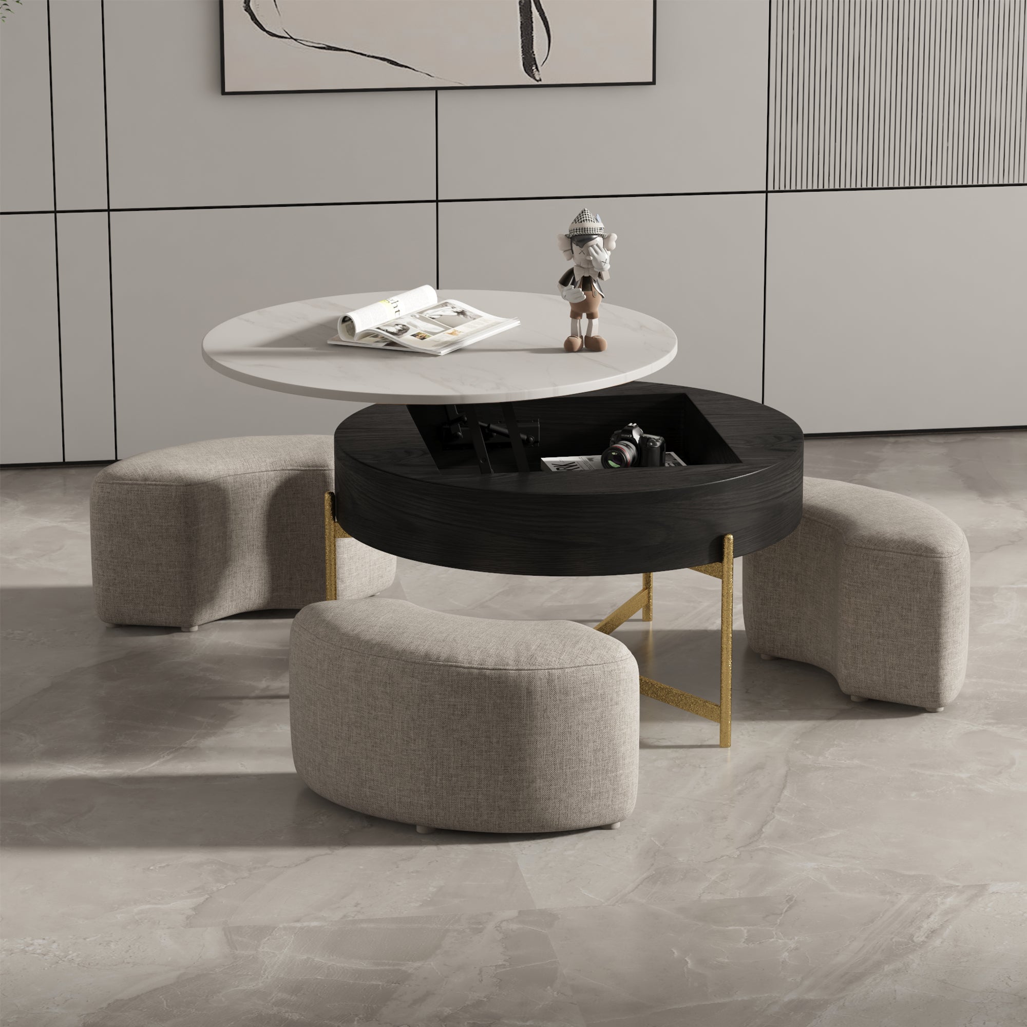 Lift-Top Round Coffee Table with Hidden Storage & 3 Upholstered Stools