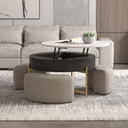 Lift-Top Round Coffee Table with Hidden Storage & 3 Upholstered Stools