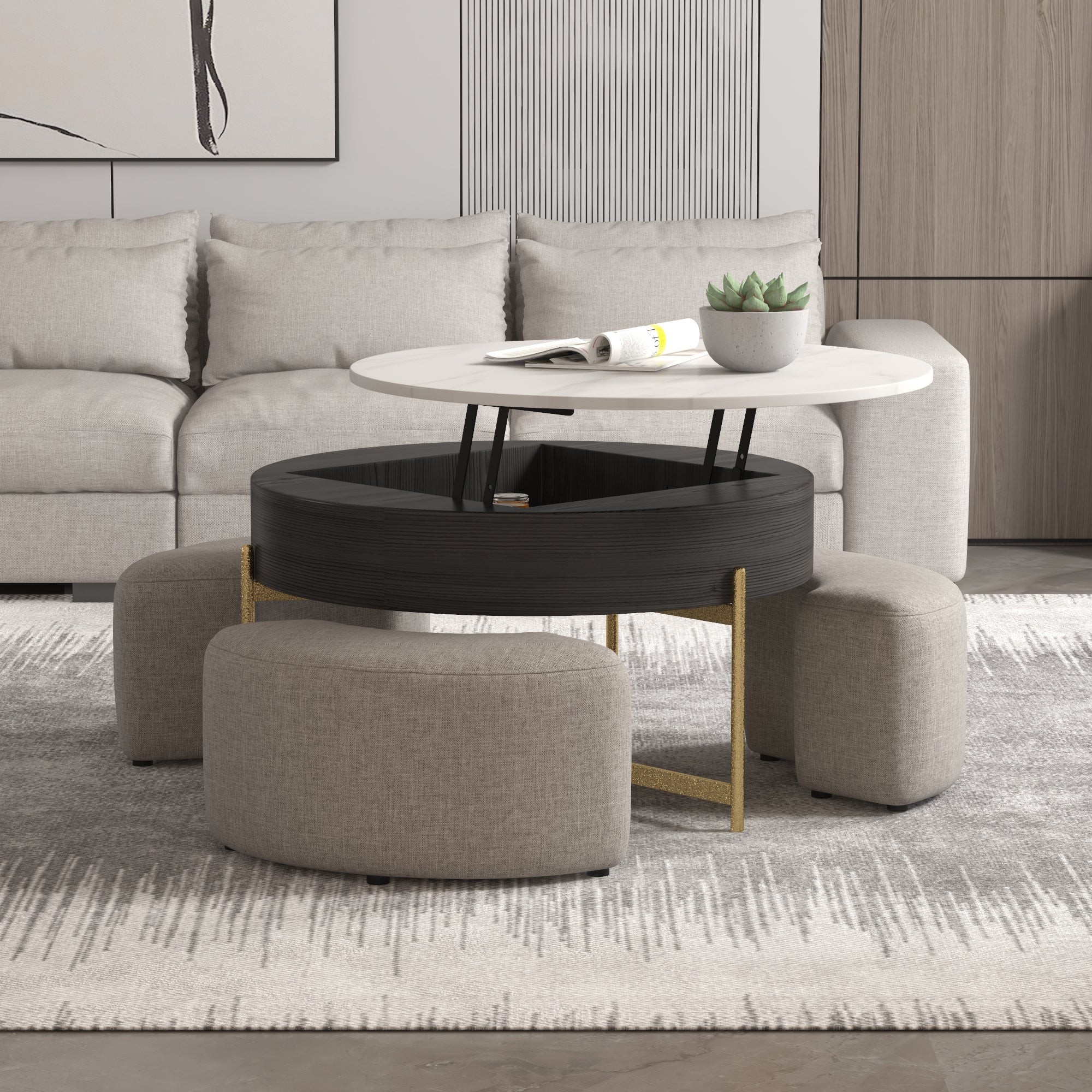 Lift-Top Round Coffee Table with Hidden Storage & 3 Upholstered Stools