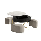 Lift-Top Round Coffee Table with Hidden Storage & 3 Upholstered Stools
