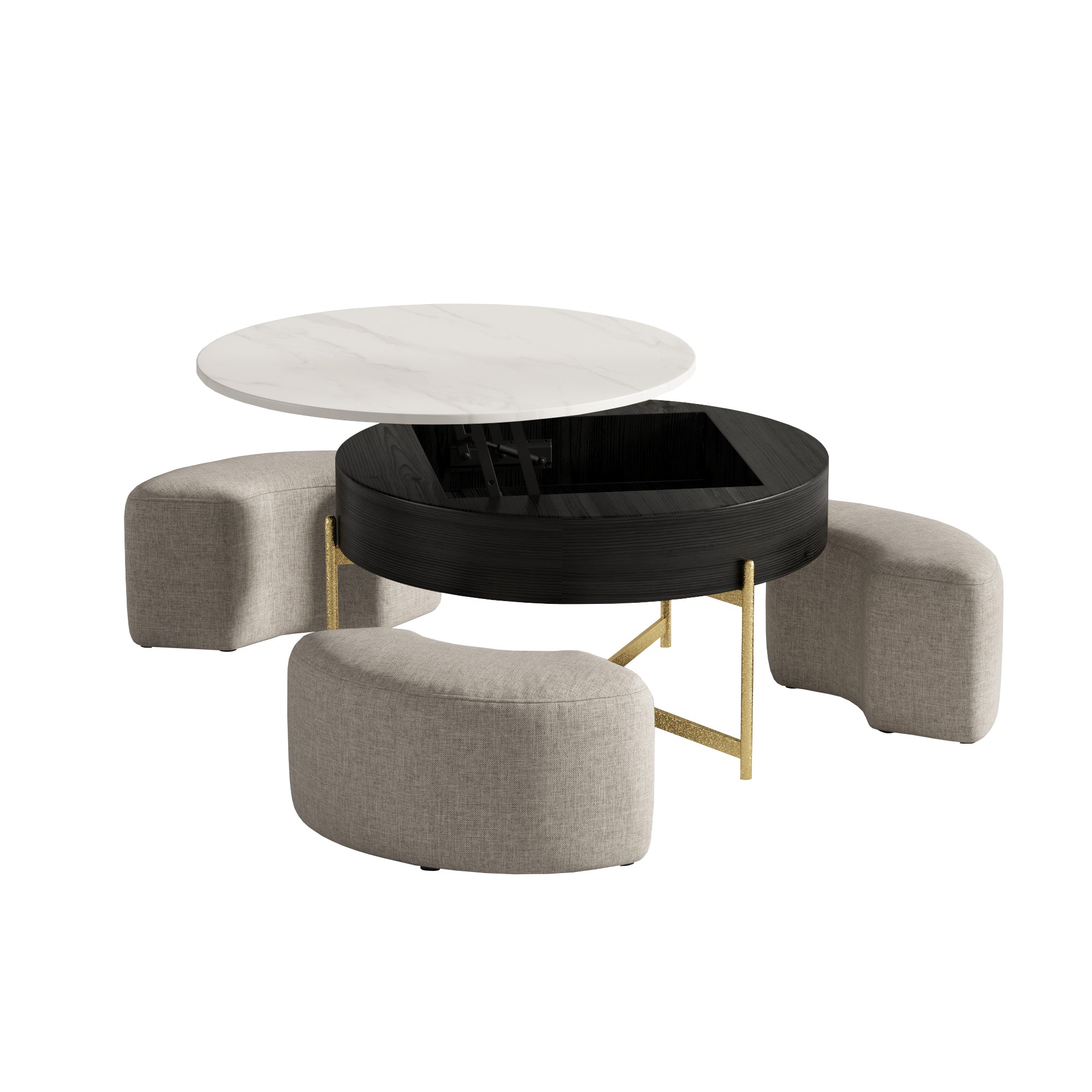 Lift-Top Round Coffee Table with Hidden Storage & 3 Upholstered Stools