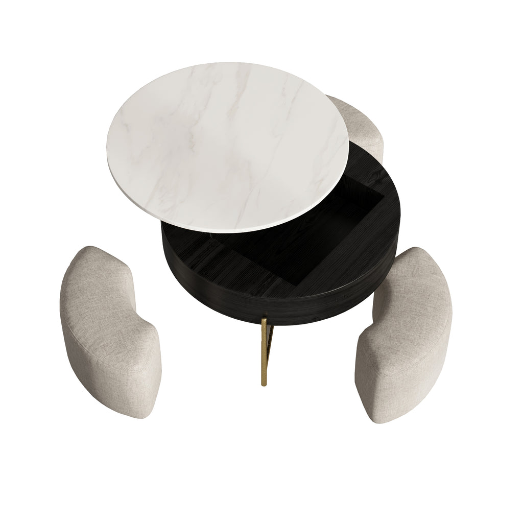 Lift-Top Round Coffee Table with Hidden Storage & 3 Upholstered Stools