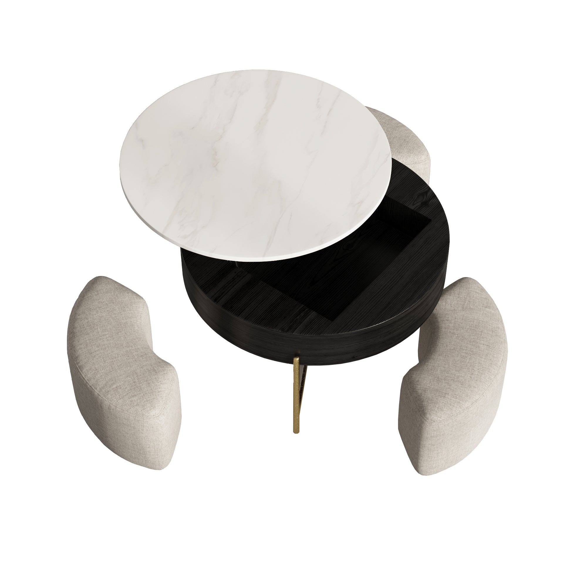 Lift-Top Round Coffee Table with Hidden Storage & 3 Upholstered Stools