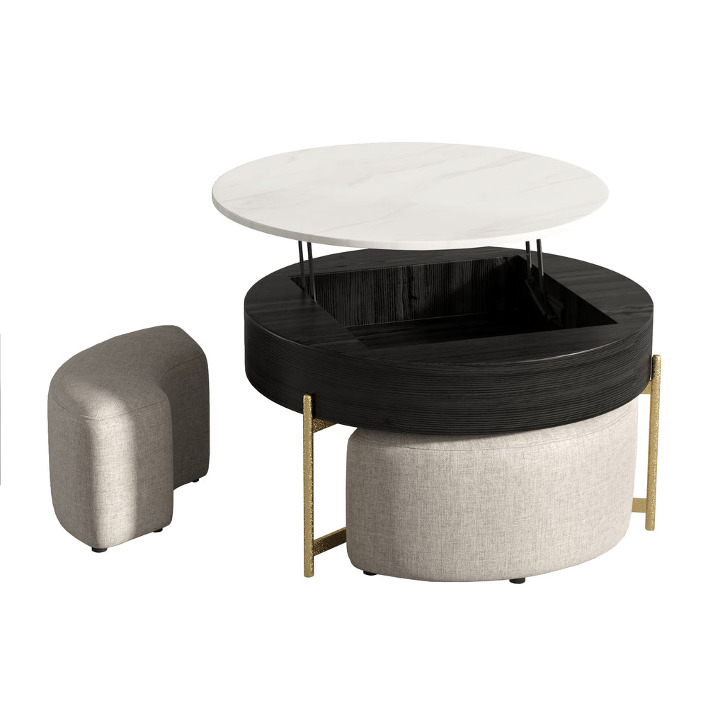 Lift-Top Round Coffee Table with Hidden Storage & 3 Upholstered Stools