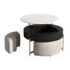 Lift-Top Round Coffee Table with Hidden Storage & 3 Upholstered Stools