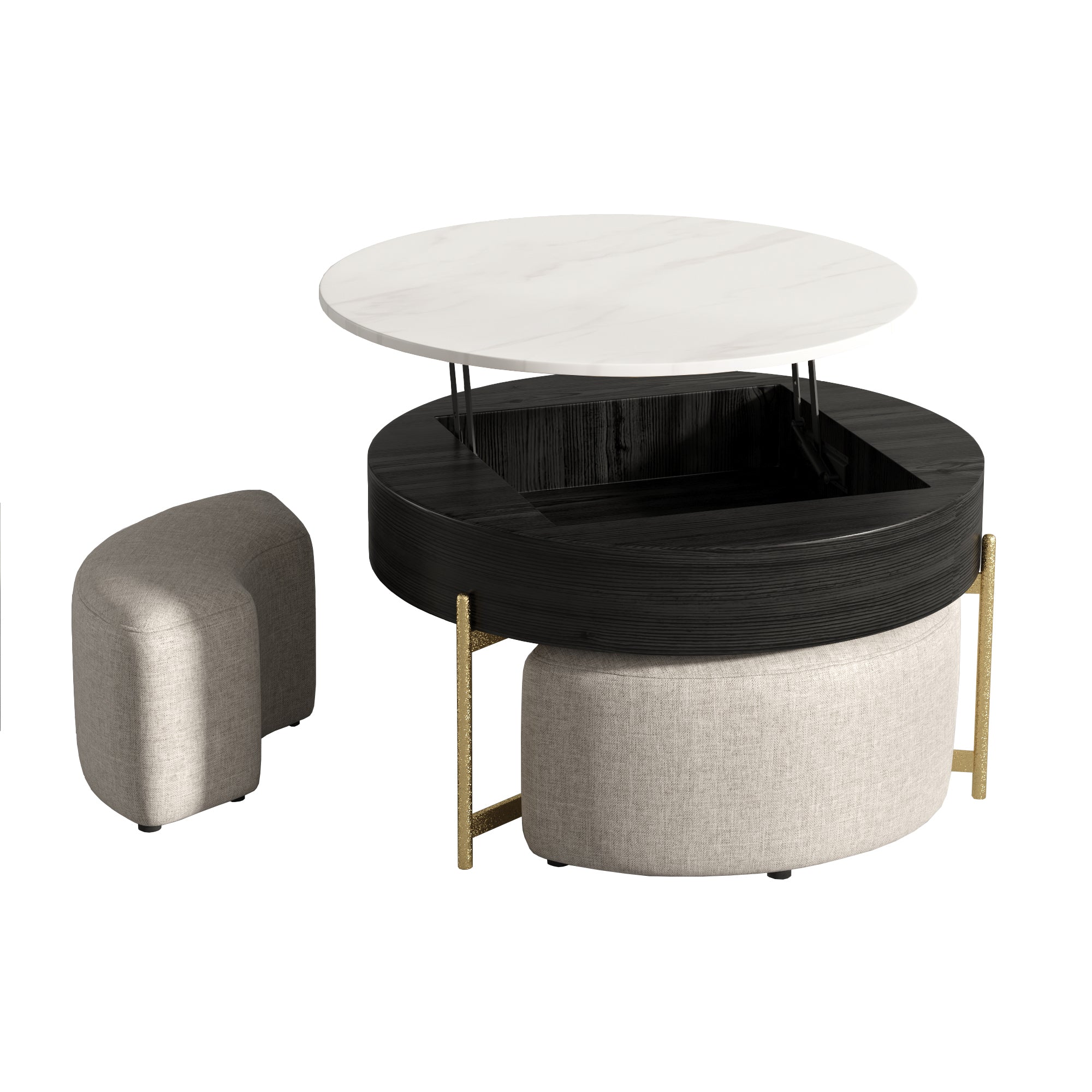 Lift-Top Round Coffee Table with Hidden Storage & 3 Upholstered Stools