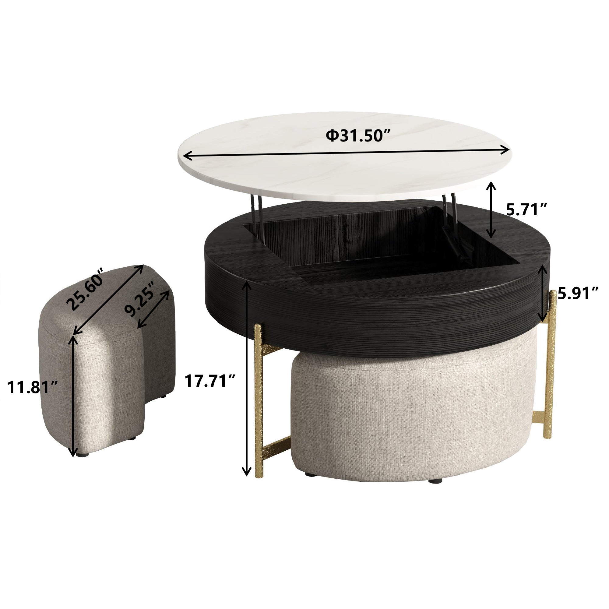 Lift-Top Round Coffee Table with Hidden Storage & 3 Upholstered Stools