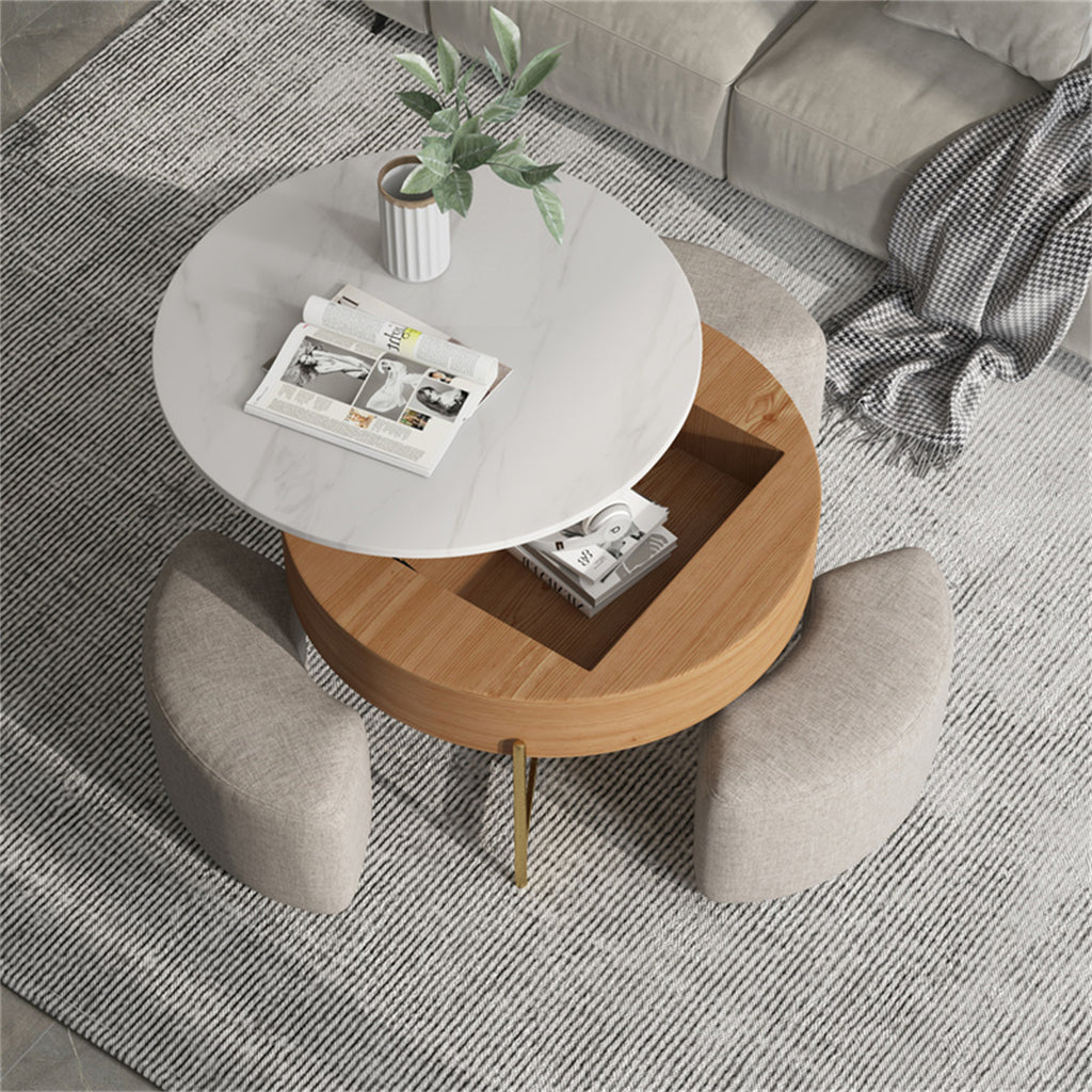 Lift-Top Round Coffee Table with Hidden Storage & 3 Upholstered Stools