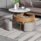 Lift-Top Round Coffee Table with Hidden Storage & 3 Upholstered Stools