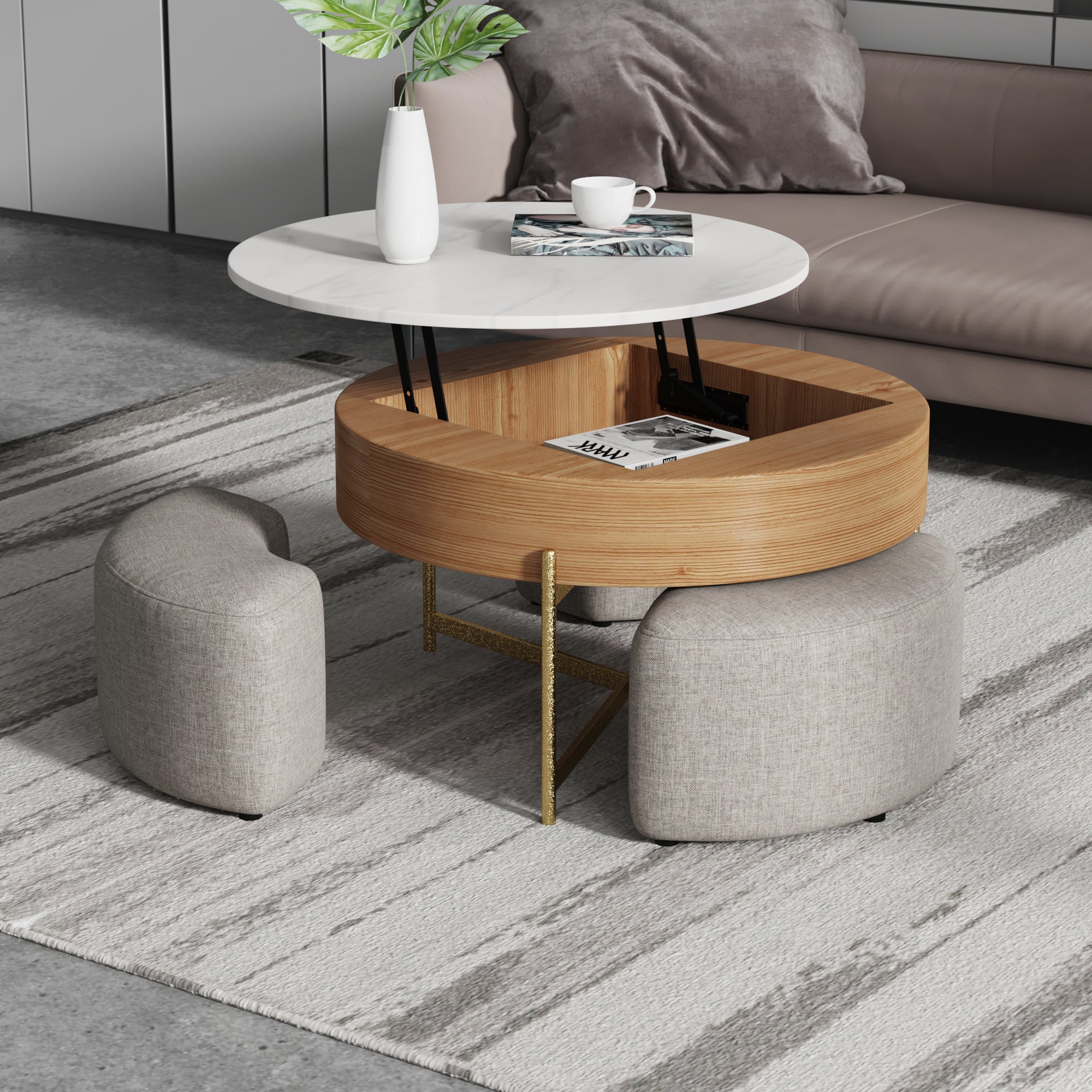 Lift-Top Round Coffee Table with Hidden Storage & 3 Upholstered Stools