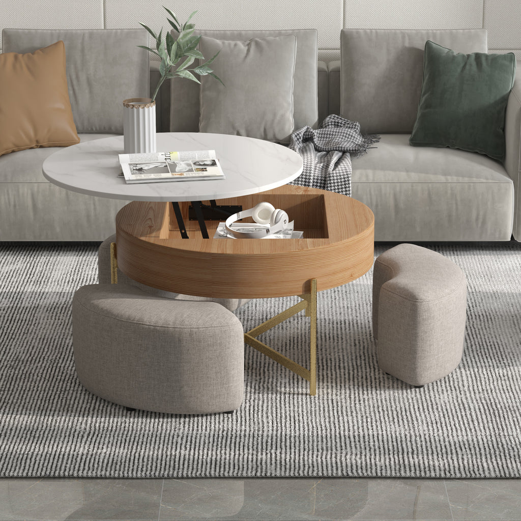 Lift-Top Round Coffee Table with Hidden Storage & 3 Upholstered Stools