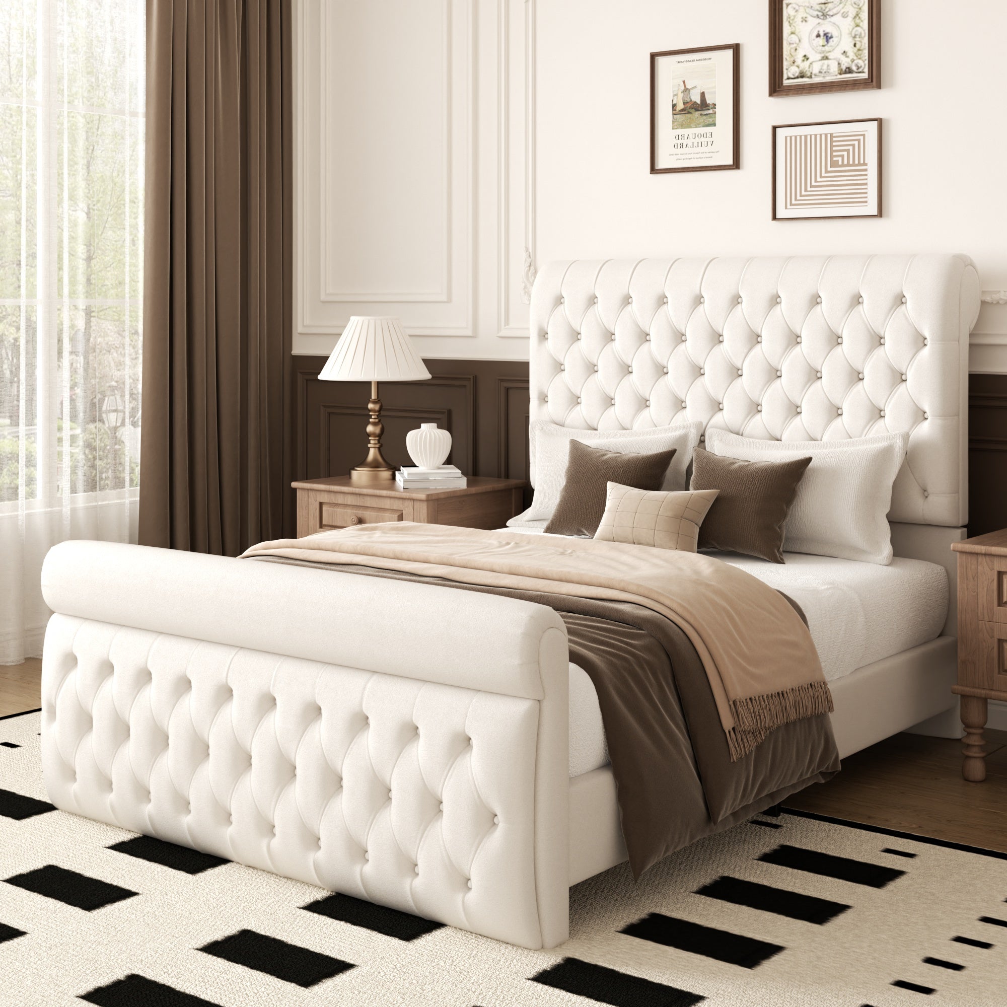 Premium Velvet Tufted Sleigh Bed Frame with 57.5" Wingback Headboard