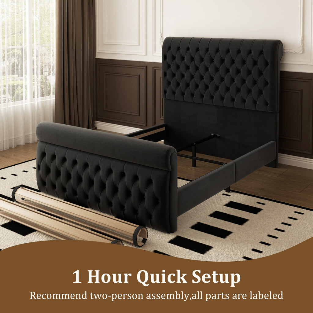Premium Velvet Tufted Sleigh Bed Frame with 57.5" Wingback Headboard