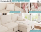 130 Inch Beige Corduroy Sectional Sofa Bed Storage Compartment
