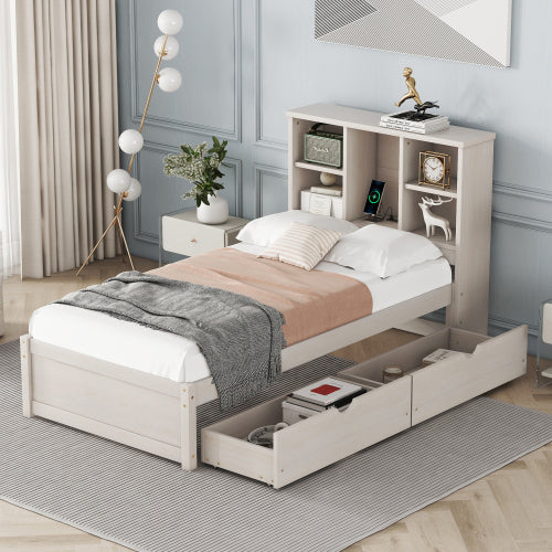 Twin Platform Bed Frame with Storage Headboard, USB Port & Drawers