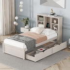 Twin Platform Bed Frame with Storage Headboard, USB Port & Drawers
