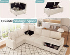 130 Inch Beige Corduroy Sectional Sofa Bed Storage Compartment