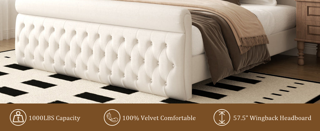 Premium Velvet Tufted Sleigh Bed Frame with 57.5" Wingback Headboard