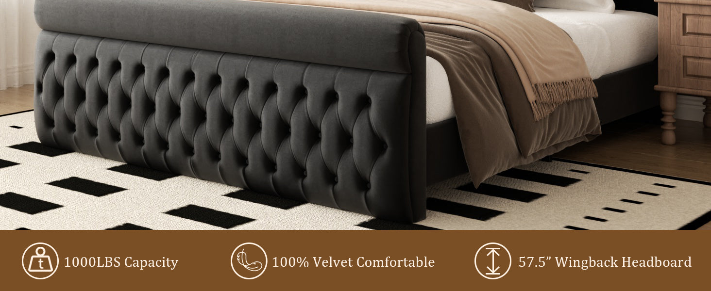 Premium Velvet Tufted Sleigh Bed Frame with 57.5" Wingback Headboard