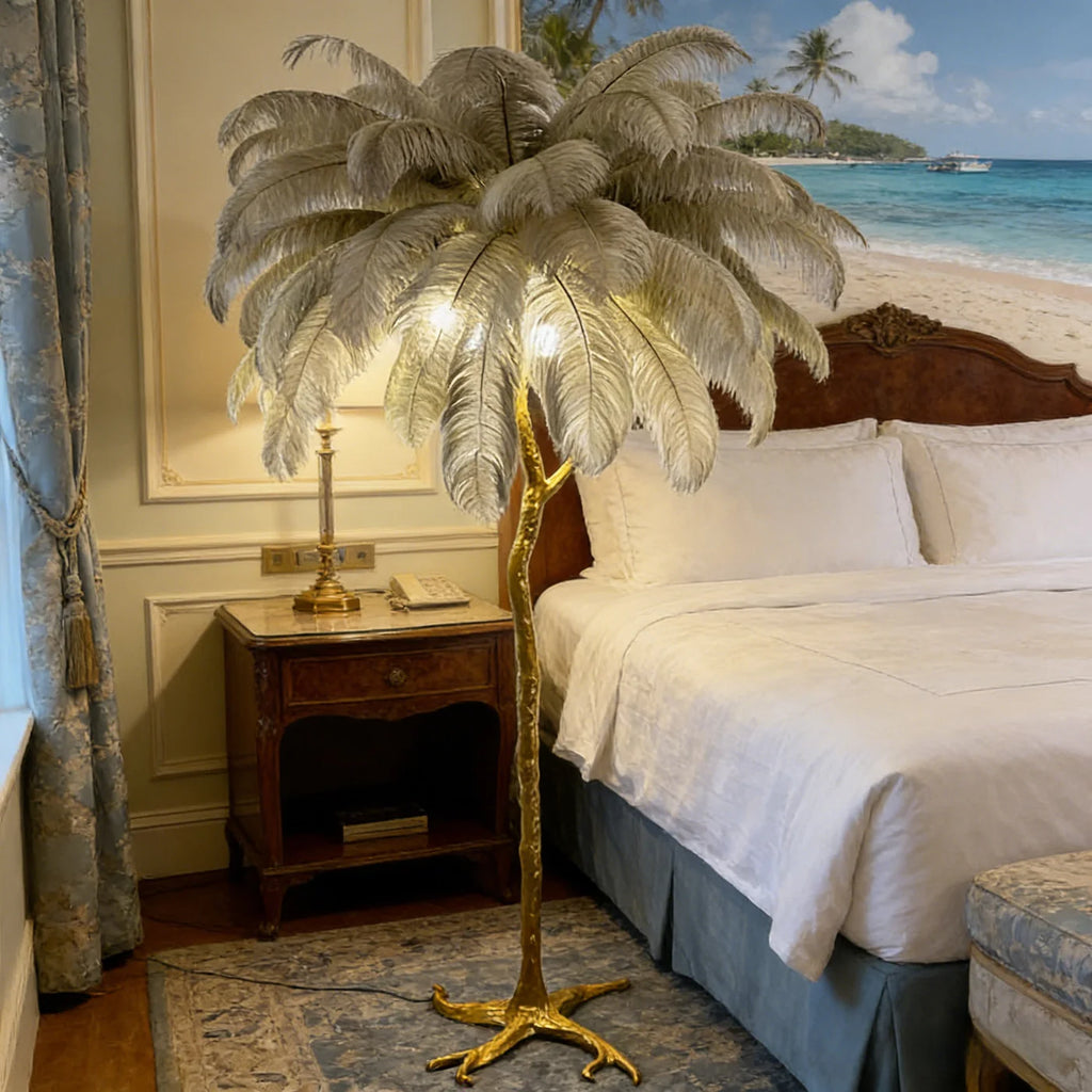 Luxury Ostrich Feather & Golden Branch Floor Lamp Camel Color