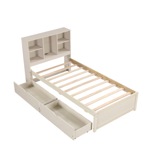 Twin Platform Bed Frame with Storage Headboard, USB Port & Drawers