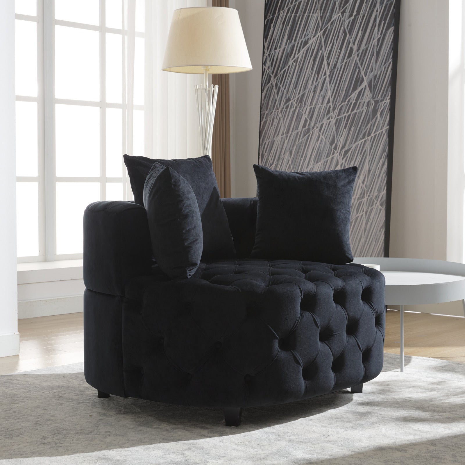 Pink or Black Modern Tufted Round Barrel Accent Chair with Pillows