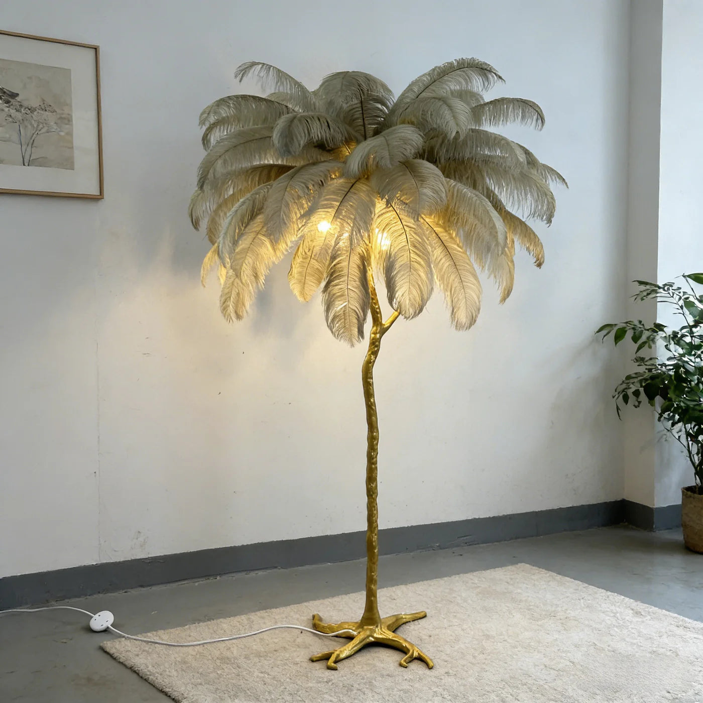 Luxury Ostrich Feather & Golden Branch Floor Lamp Camel Color