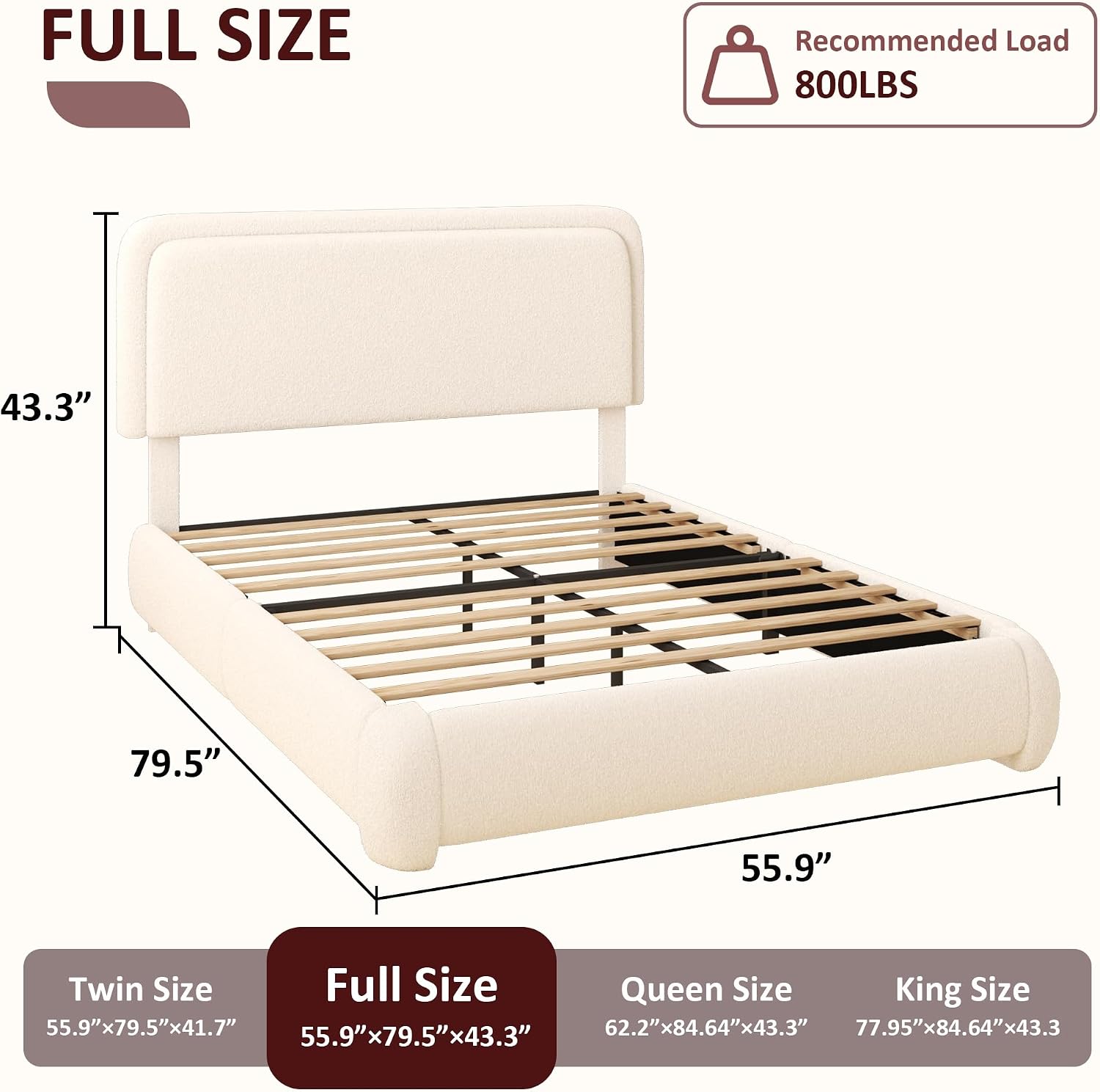 Fluffy Boucle Platform Bed Frame with Height Adjustable Headboard