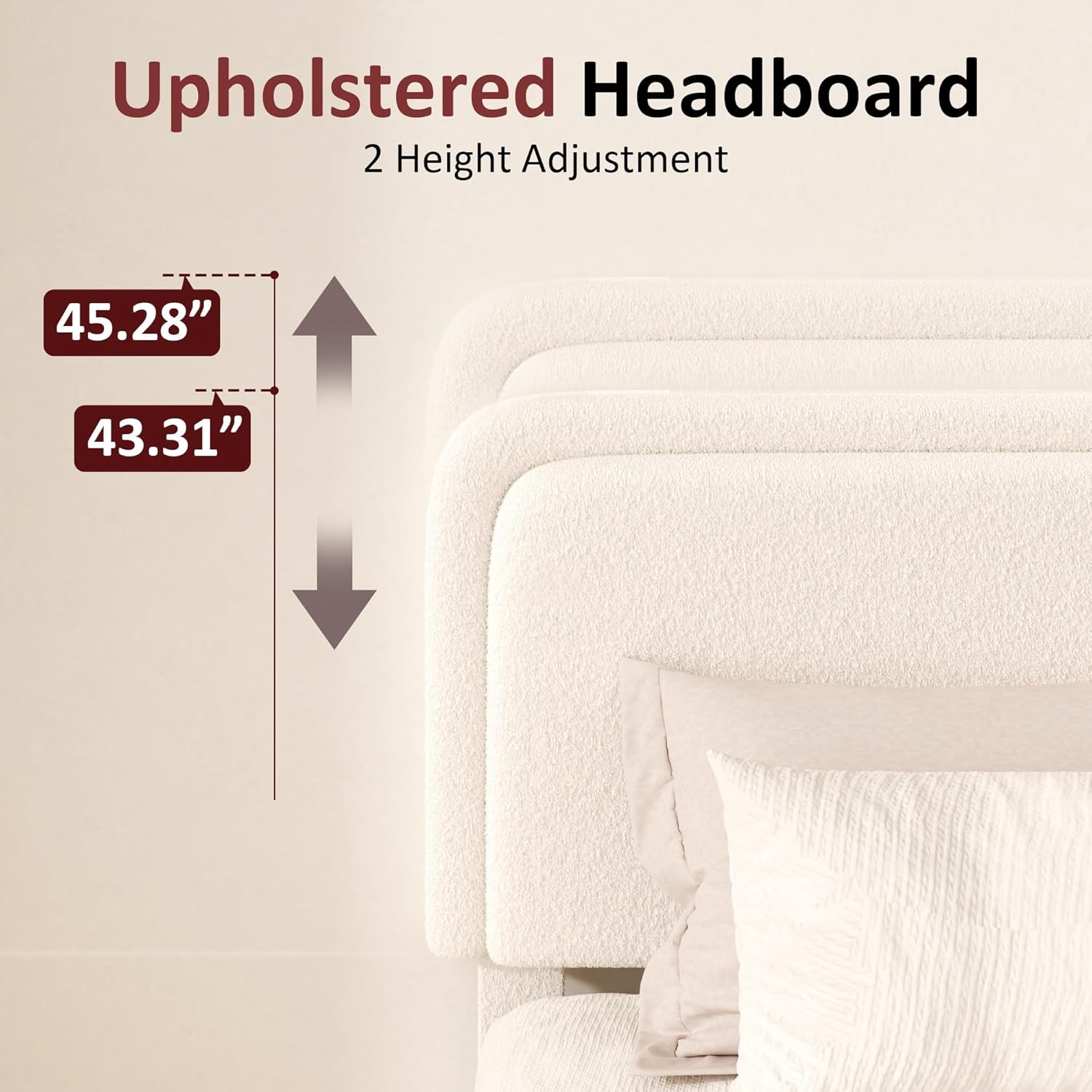 Fluffy Boucle Platform Bed Frame with Height Adjustable Headboard