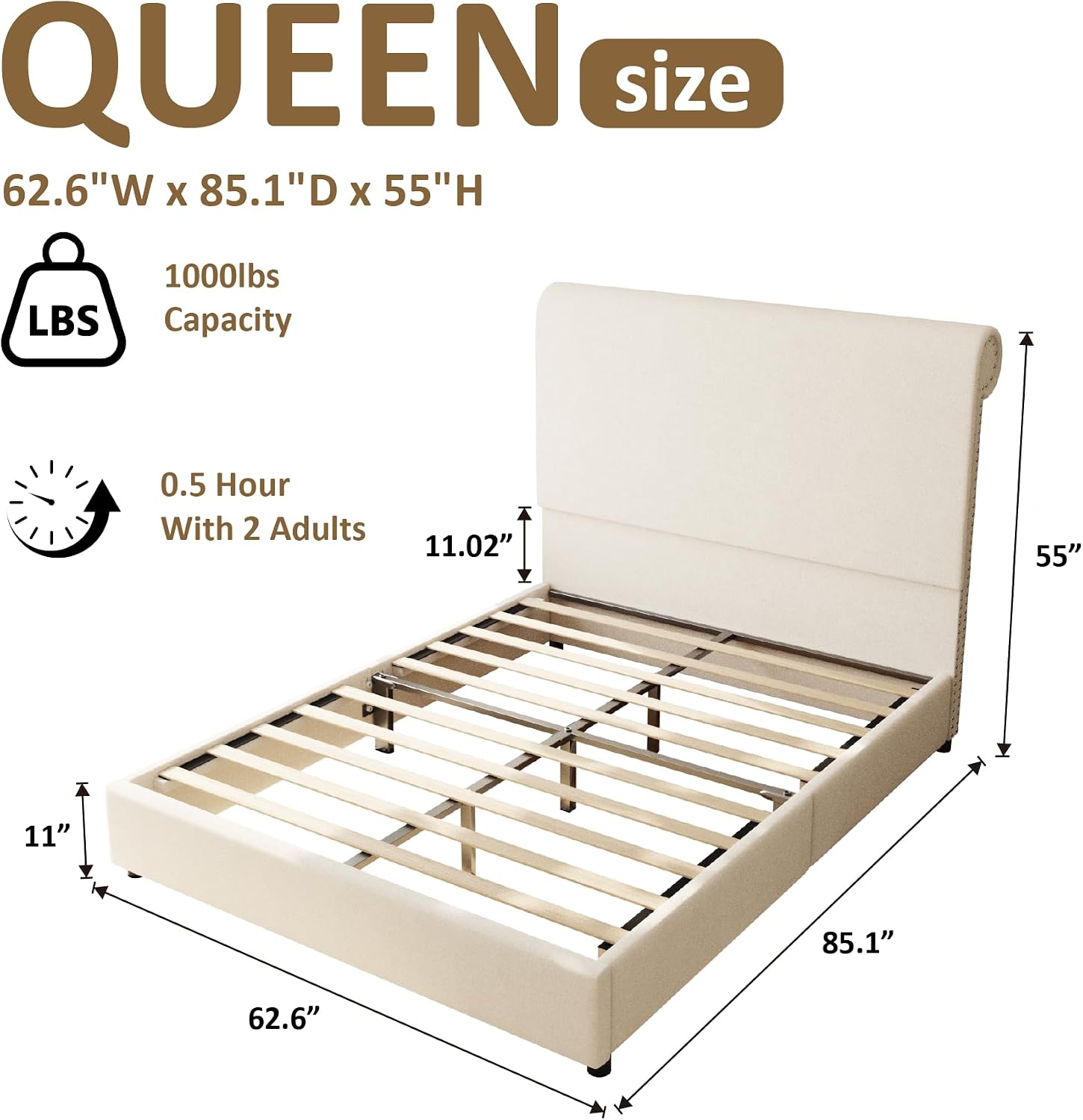 55" Tall Upholstered Wingback Platform Bed Frame