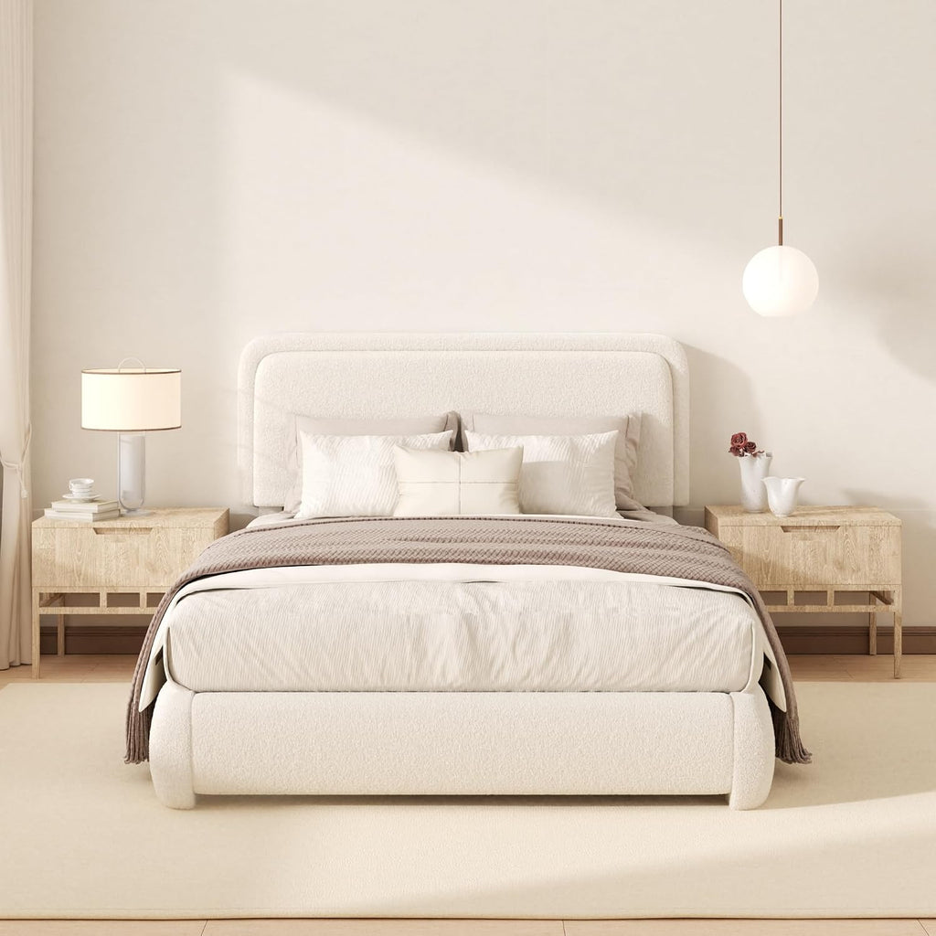 Fluffy Boucle Platform Bed Frame with Height Adjustable Headboard