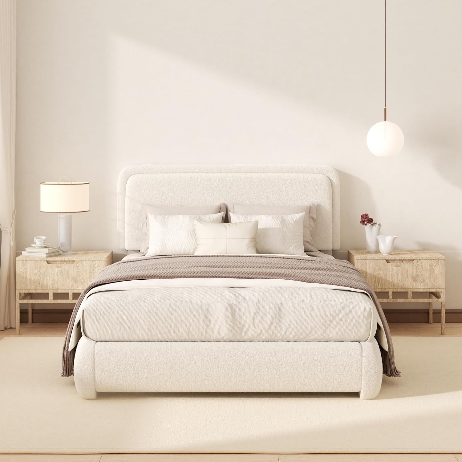 Fluffy Boucle Platform Bed Frame with Height Adjustable Headboard
