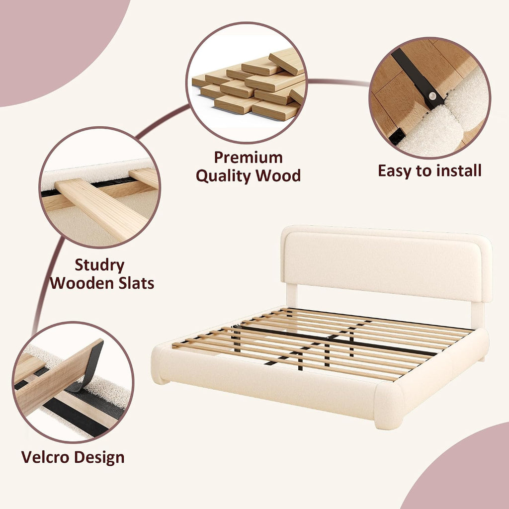 Fluffy Boucle Platform Bed Frame with Height Adjustable Headboard
