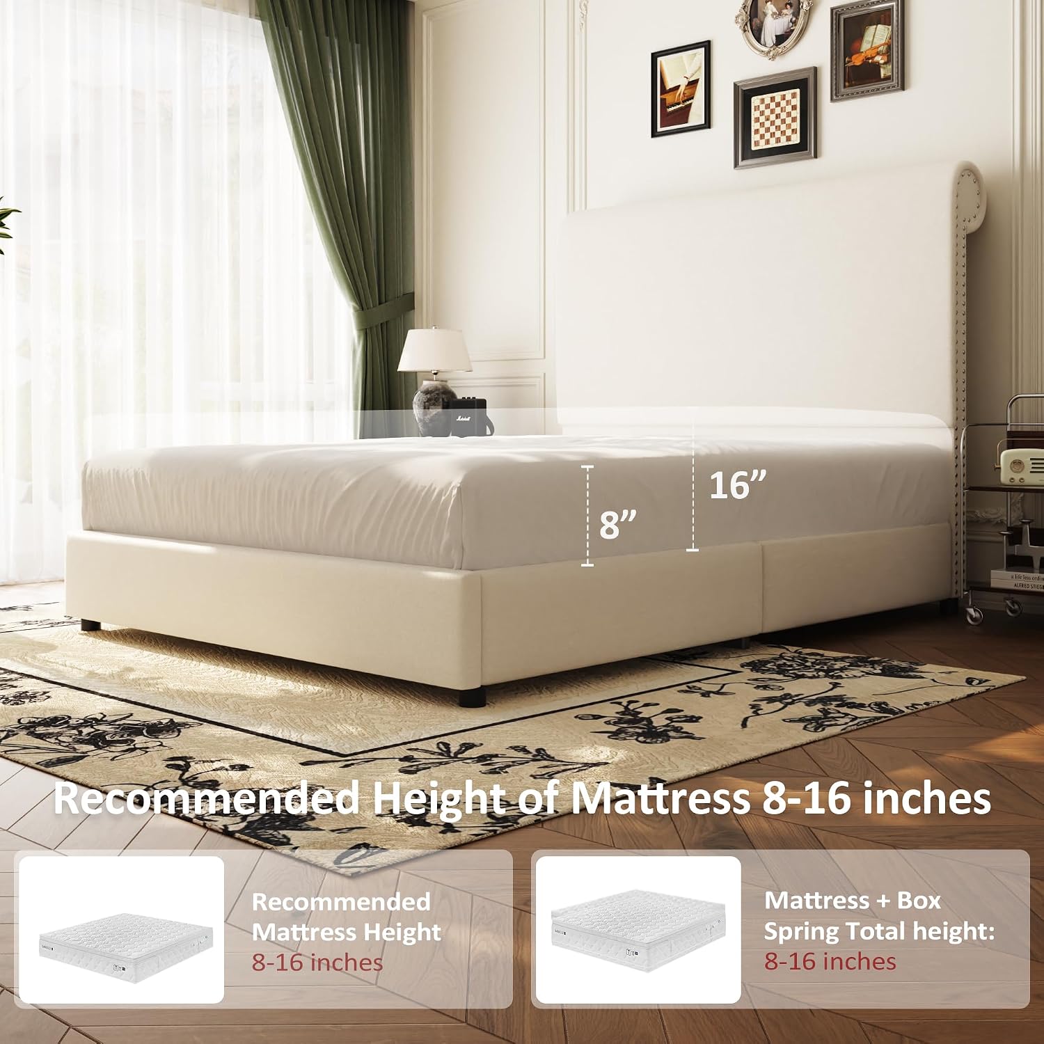 55" Tall Upholstered Wingback Platform Bed Frame